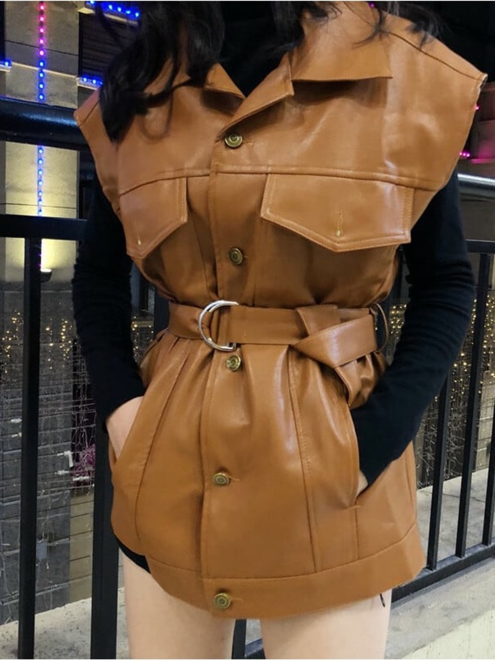 Belted Sleeveless Faux Leather Vest in Tan/Camel Button Down Women One Size